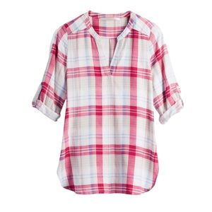 Fun 2 Fun EUC Pineda Split Neck Plaid Top 2XL